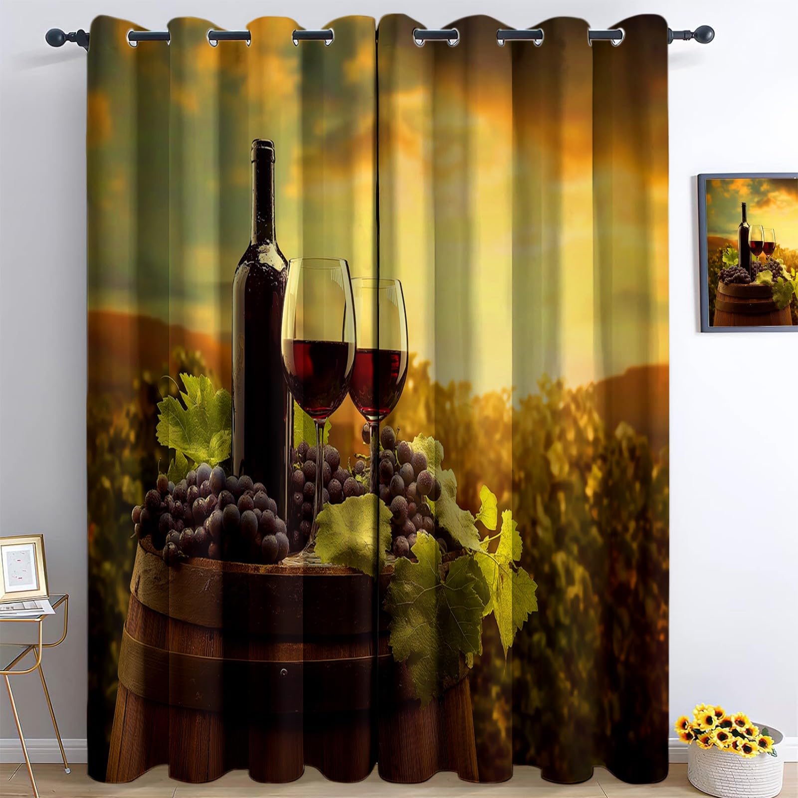 Pomarańczowa zasłona termiczna do wnętrz, miękka zasłona poliestrowa, 140 L x 245 H cm, zestaw 2 zasłon wewnętrznych krycie przelotki, surrealizm wino zachód słońca