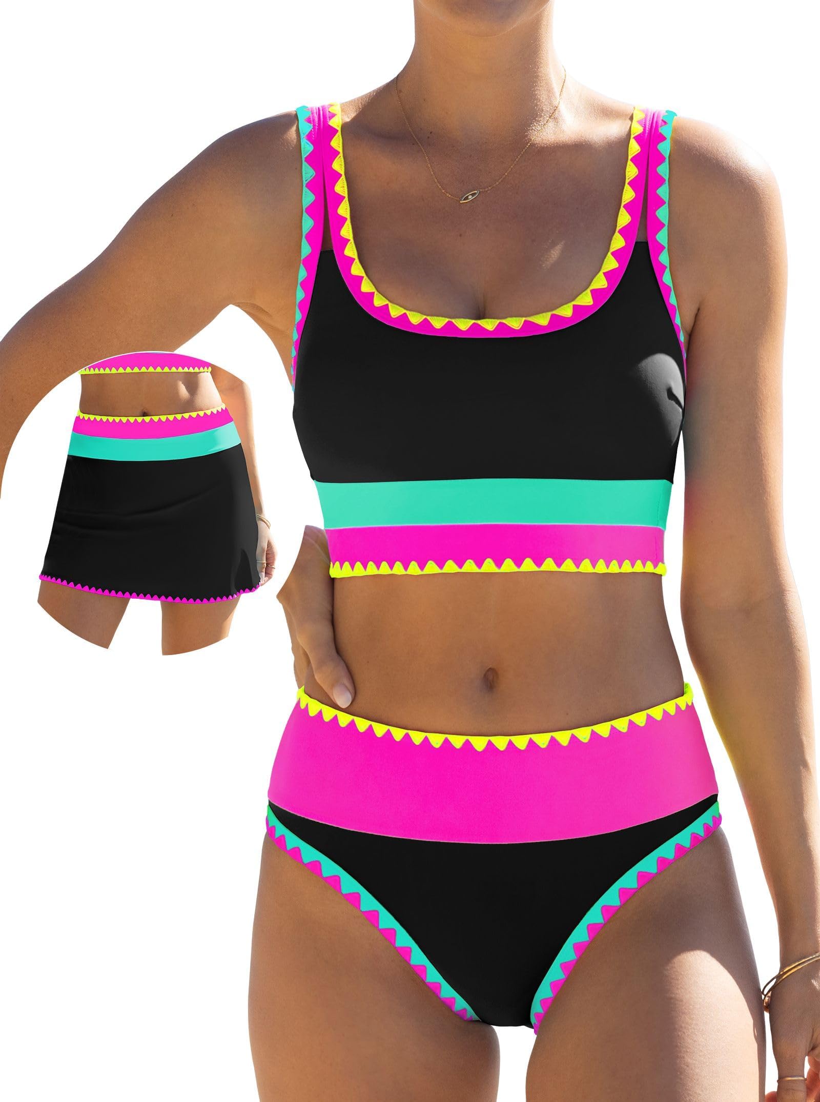 Photo 1 of popvil High Waisted Bikini Sets for Women Tummy Control Swimsuits 3 Piece Bathing Suits Neon Swimwear with Skirt 2026