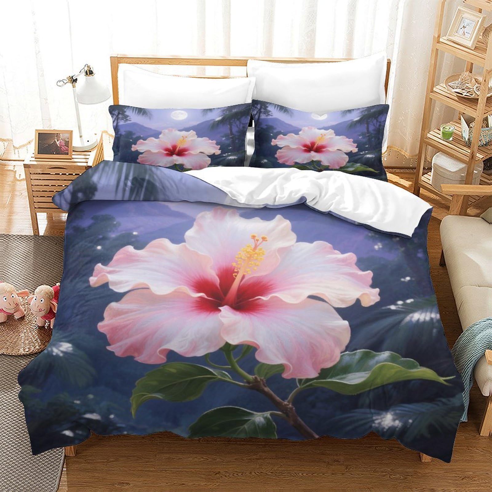 Housse de couette hibiscus chinois en microfibre premium, parure lit super king aux finitions 3D