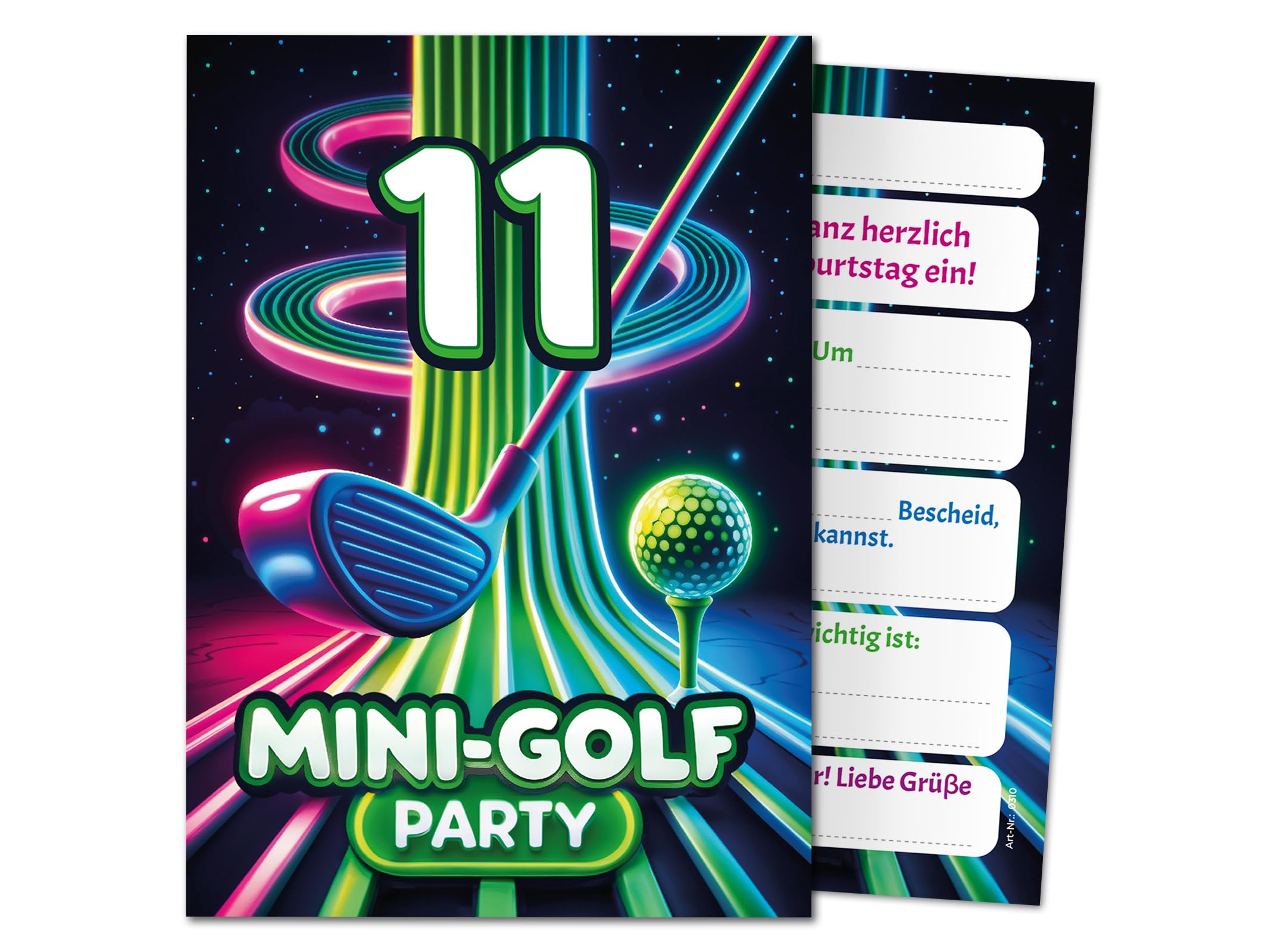 JuNa-Experten 12 Einladungskarten zum 11. Kindergeburtstag Jungen Mädchen Mini-Golf Minigolf coole bunte Einladungen elfte Geburtstag Mädchengeburtstag Jungsgeburtstag