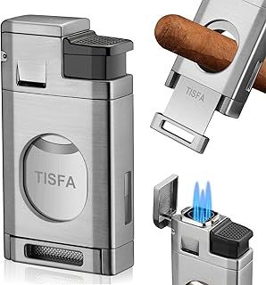 TISFA Cigar Torch Lighter, Cigar Lighter with Built in Cigar Cutter, Triple Jet Flame Butane Lighter with Visible Window, Refillable Butane Windproof Lighters (Silver)