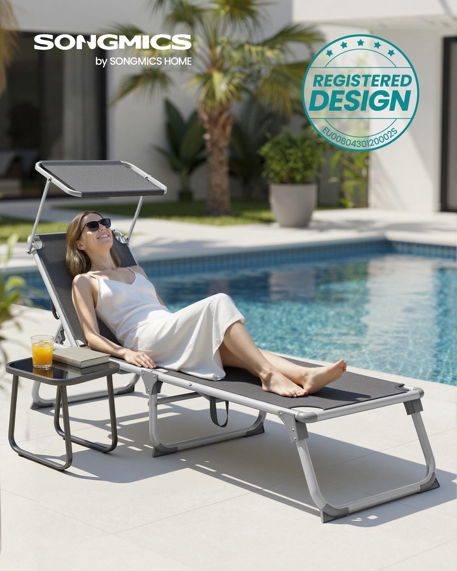 SONGMICS Bain de Soleil, Chaise Longue Pliable, Transat, 193 x 55 x 31 cm, Capacité de Charge 150 kg, avec Pare-soleil et Dossier Inclinable, pour Jardin, Piscine, Terrasse, Gris Foncé GCB19GYV1