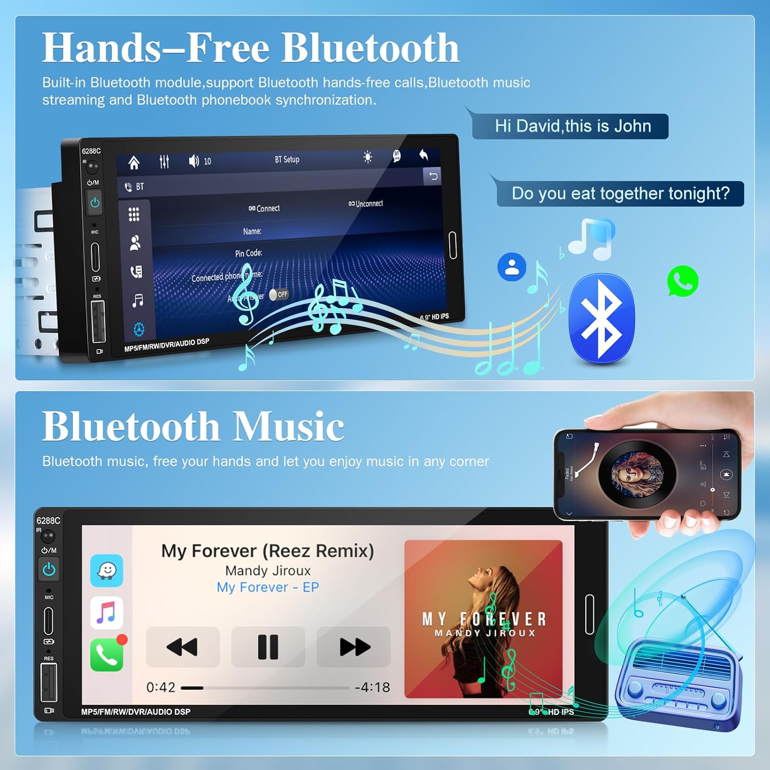 EKAT Single Din Carplay Radio with Wired Android Auto - 6.86 Inch Touchscreen Car Stereo with EQ, Mirror Link, TF Card, Steering Wheel Control, AUX-in + 12 LED Backup Camera