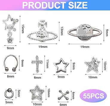 55PCS 3D Y2K Silver Nail Charms,Gothic Cross Saturn Stars | for DIY Manicure,Y2K & punk-style gems, for nails, jewelry & DIY, shining decorations, gift for nail art lovers