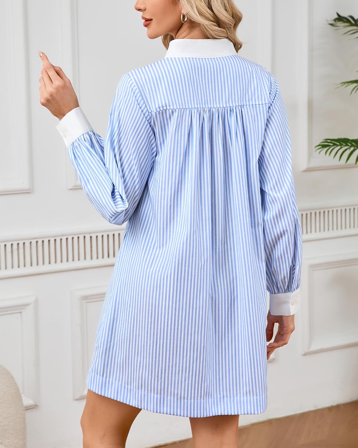 Womens Long Sleeve Babydoll Dress Cotton Striped V Neck Mini Shift Dress Casual Loose Shirt Dresses with Pockets - Image 2
