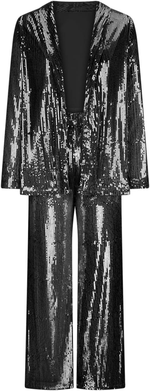 Women's Glitter 2 Piece Outfits Long Sleeve Open Front Sparkly Blazer Cardigan and Wide Leg Pants Set Party