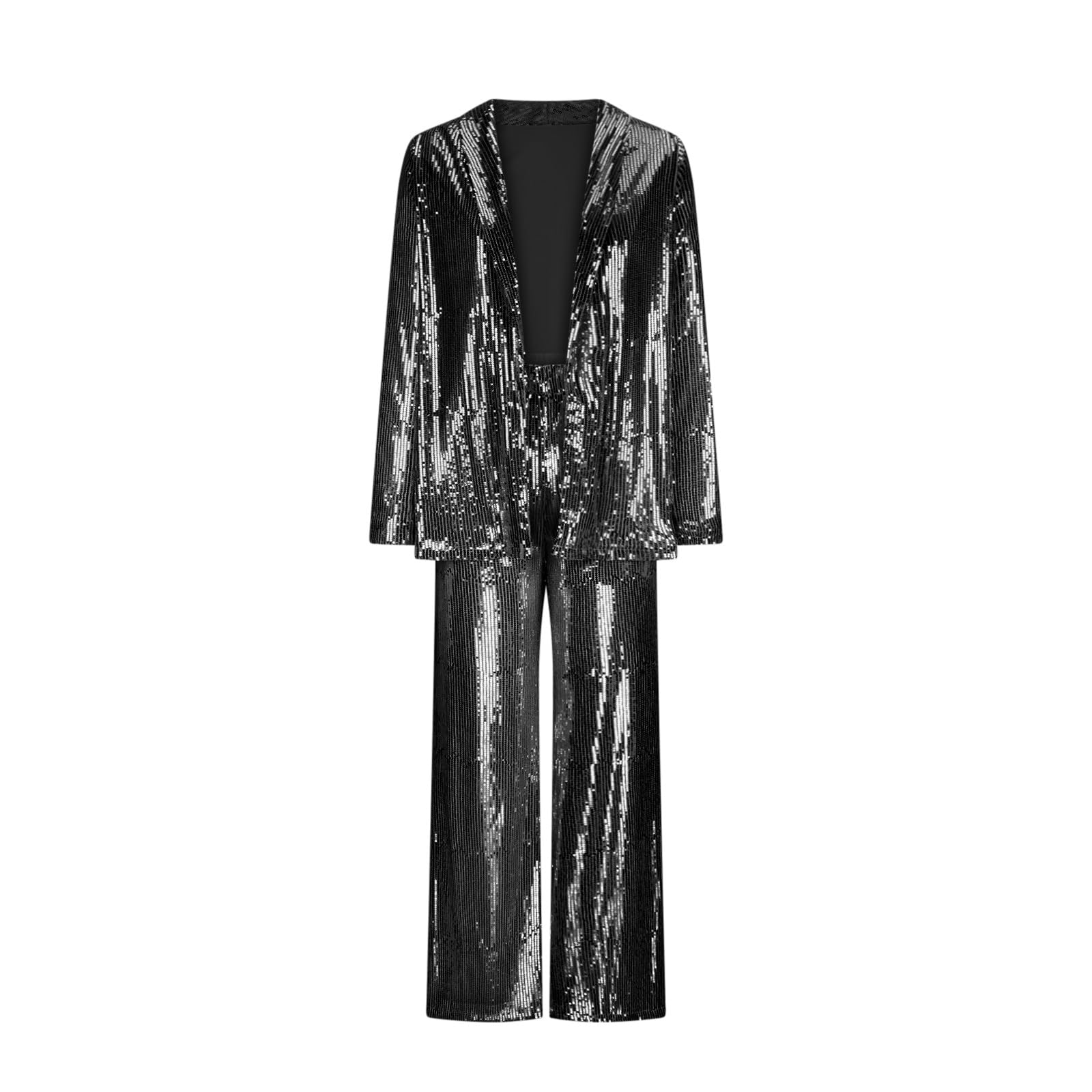 Conjunto de 2 piezas de lentejuelas brillantes para mujer, blazer de manga larga y pantalones de cintura alta, elegante conjunto de fiesta de noche