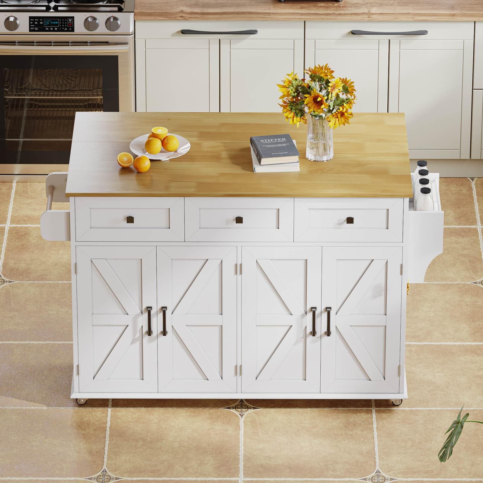Sweiko Îlot de Cuisine 140x70x90.5cm avec Plan de Travail Rabattable,Comprend 5 roulettes Réglables,4 Portes,3 Tiroirs et Un Porte-Serviettes Double Face (White 2)
