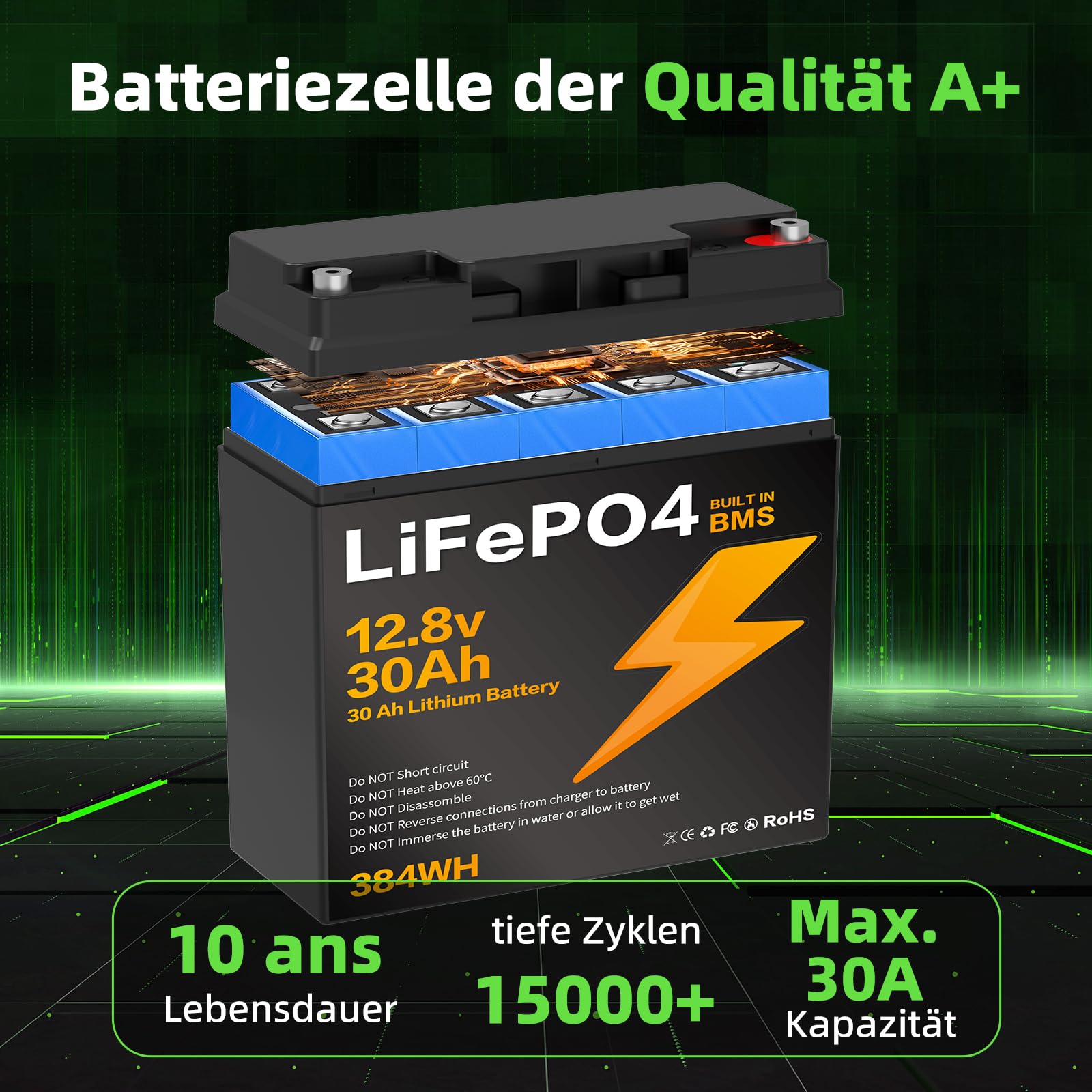 12.8V 30Ah LiFePO4 Batterie, für Wohnmobil, Wohnwagen, Boot