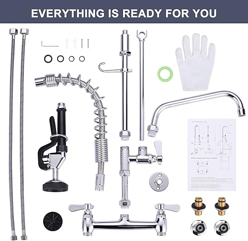 Miniatura 7 de Grifo de cocina comercial para montaje en cubierta con rociador de preenjuague de 26 pulgadas de altura, grifo de fregadero de cocina de 8 pulgadas