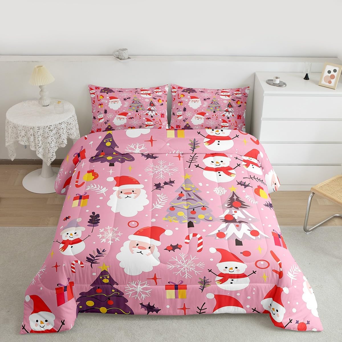 Feelyou Pink Christmas Comforter Set Full Size Santa Claus Bedding Set for Kids Boys Girls Xmas Deer Elk Decor Duvet Quilt Bedroom Decor Microfiber 3 Pcs with 2 Pillow Cases