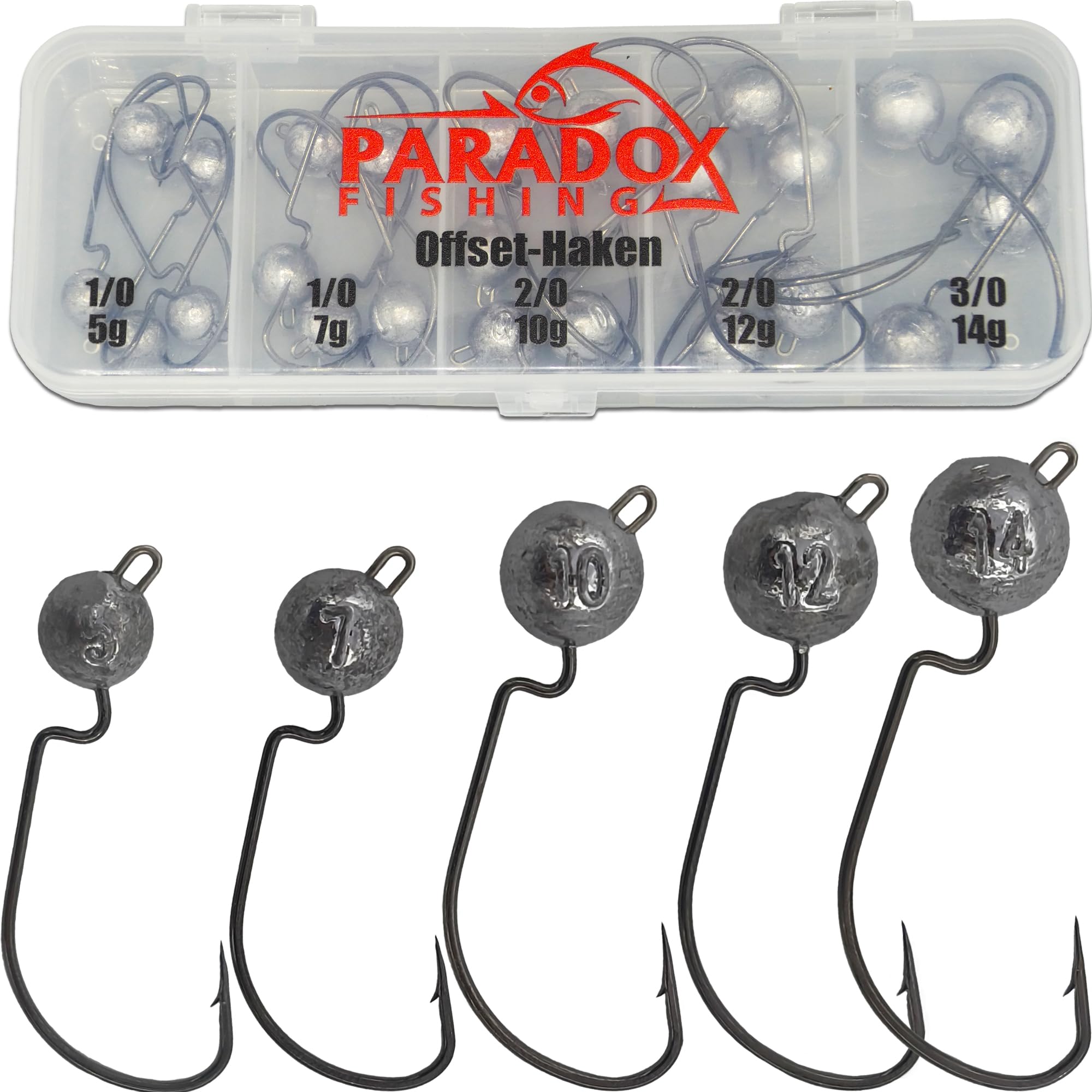 Paradox Fishing Set di ganci offset premium (3.5 g/5 g/7 g/10 g/14 g), 35 pezzi, 5/4 pezzi, ganci per pesci di gomma, set Jig Head