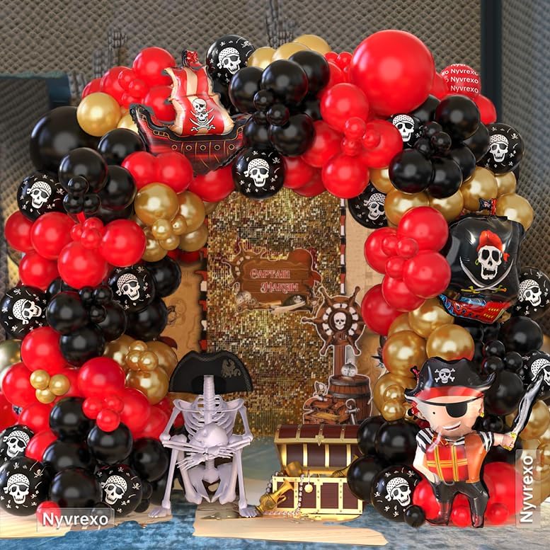 Image of Pirate Birthday Party Decorations, 142Pcs Red Black Metallic Gold Balloon Garland Arch Kit Pirate Ship Foil Mylar Balloon for Halloween Pirate Summer Pool Sea Sailing Adventure Ocean Theme Party