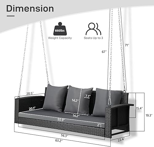Miniatura 10 de Outvita Banco colgante para porche para 2 personas, banco de mimbre para exteriores con cojín y almohada para patio, patio, jardín, soporta hasta