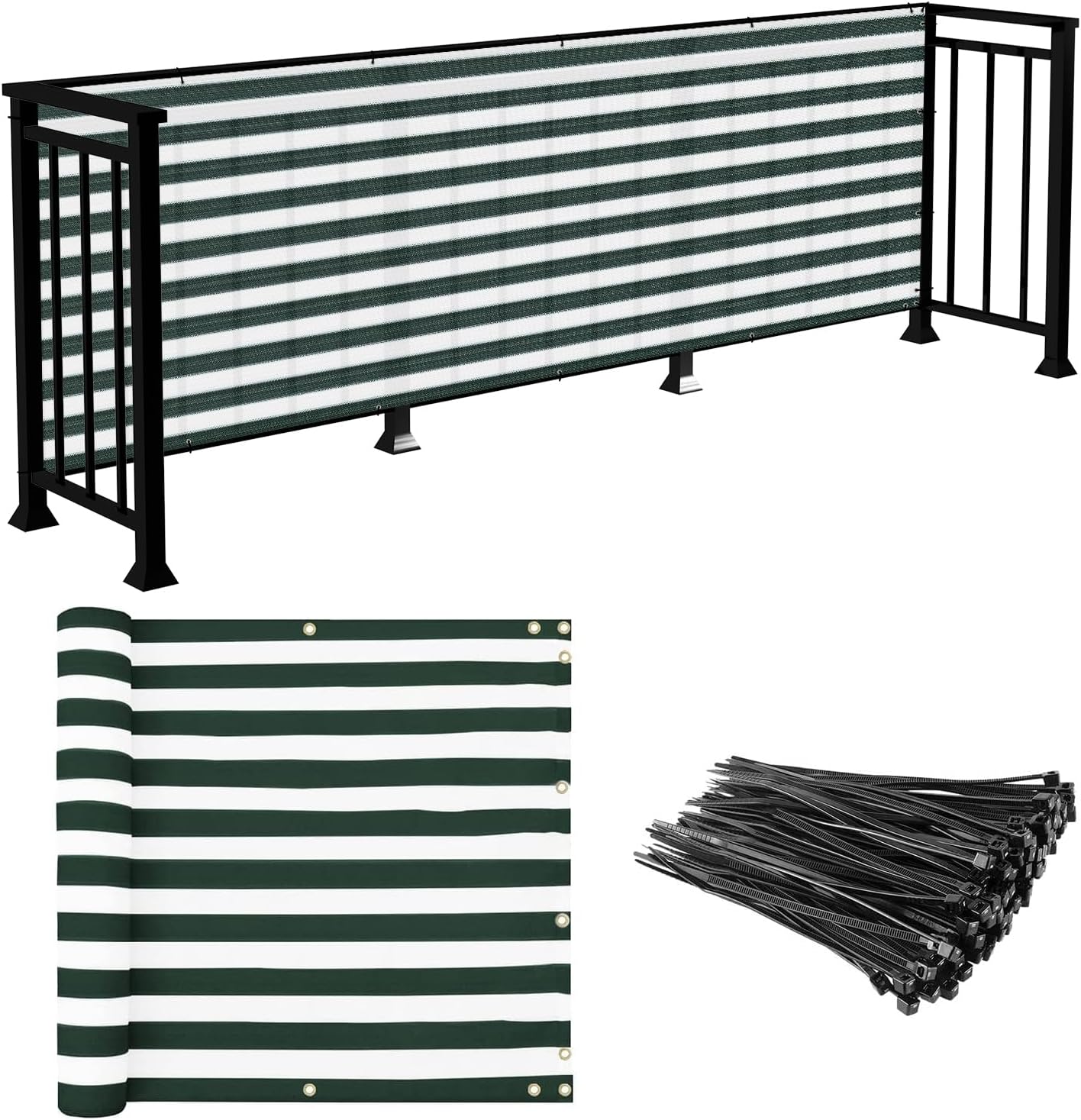 E&K Sunrise 3' x 192' Balcony Privacy Fence Screen Cover with Zip Ties Outdoor Screen Fence UV Protection for Deck Patio Backyard Apartment Pool Porch (Green White Strip)