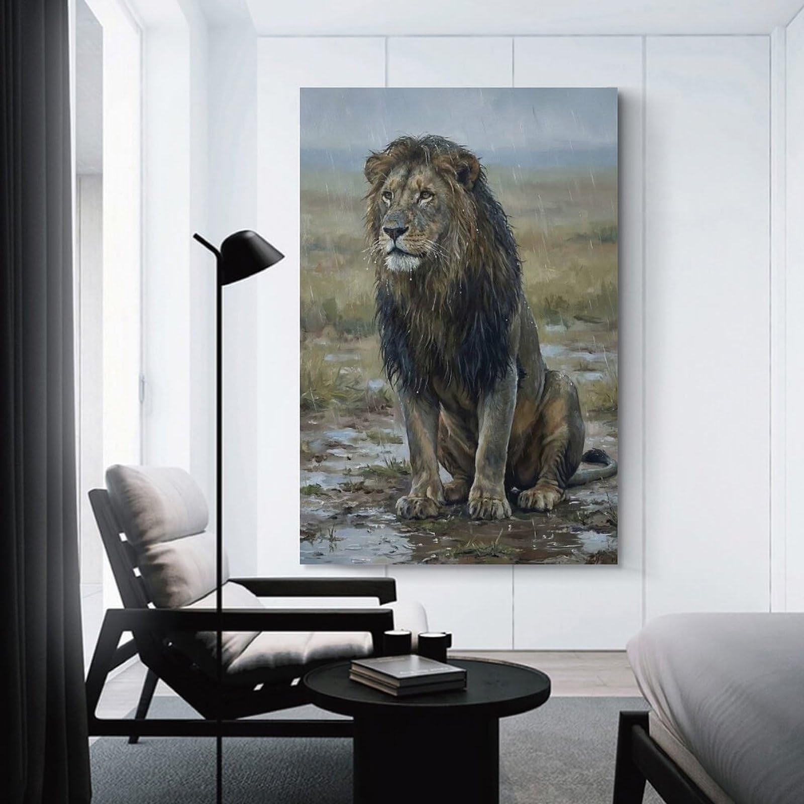 Junmoney Lion in The Rain Decorative Canvas Print 20x30inch(50x75cm), for Study, Office Or Focused Interiors, Wall Art That Adds Style to Work Areas