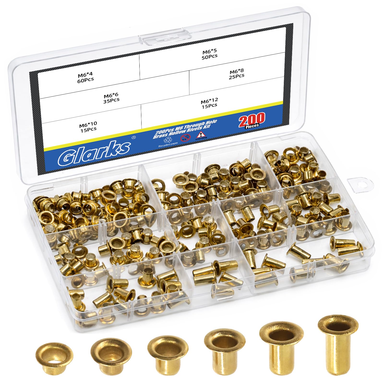 Glarks 200pcs M6 x 4/5/6/8/10/12mm Through Hole Copper Rivet Kit, Heavy Duty Hollow Rivet, Copper Air Eye Rivets, Brass Eyelets Rivets, Hollow Grommets Rivets for DIY Crafts, Leather, Clothes — image 1