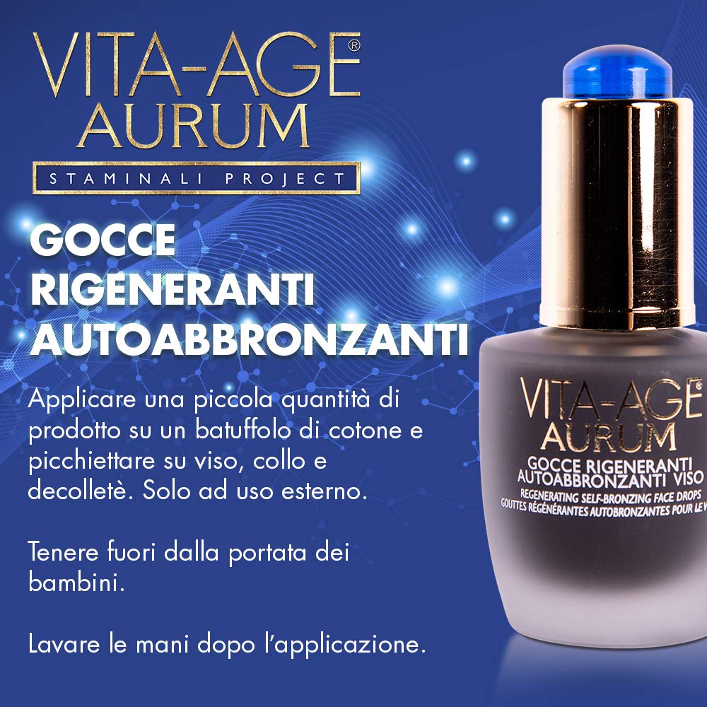 Bottega di LungaVita GOCCE RIGENERANTI AUTOABBRONZANTI VISO VITA-AGE AURUM - Gocce viso autoabbronzanti e rigeneranti a base di cellule staminali vegetali da Stella Alpina per un' abbronzatura naturale immediata come un effetto lampada - Con Cellule stami