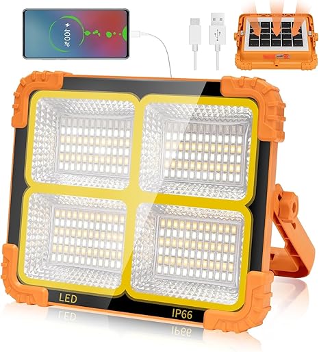 soletal Shine: Portable LED Work Solar Light 30W - 16500mAh, 10000 LM, Stepless Brightness Control, Rechargeable Battery - Perfect for Emergencies and Hurricanes (Orange)