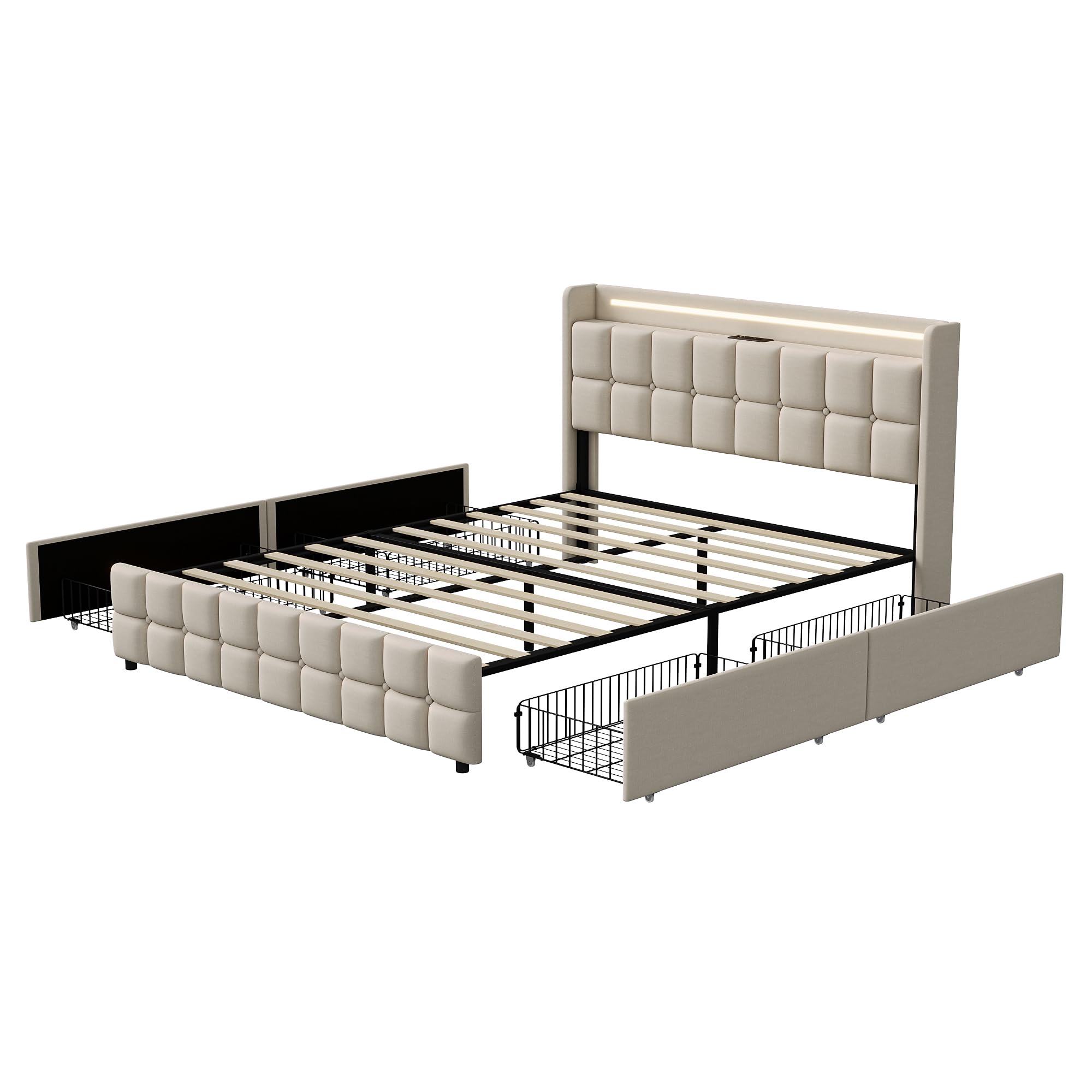 Polsterbett Doppelbett 180x200 cm mit LED-Beleuchtung und USB-Anschluss, Stauraumbett Bettgestell mit 4 Schubladen und Lattenrost, Jugendbett Funktionsbett, Leinen (Beige-H, 180x200cm)