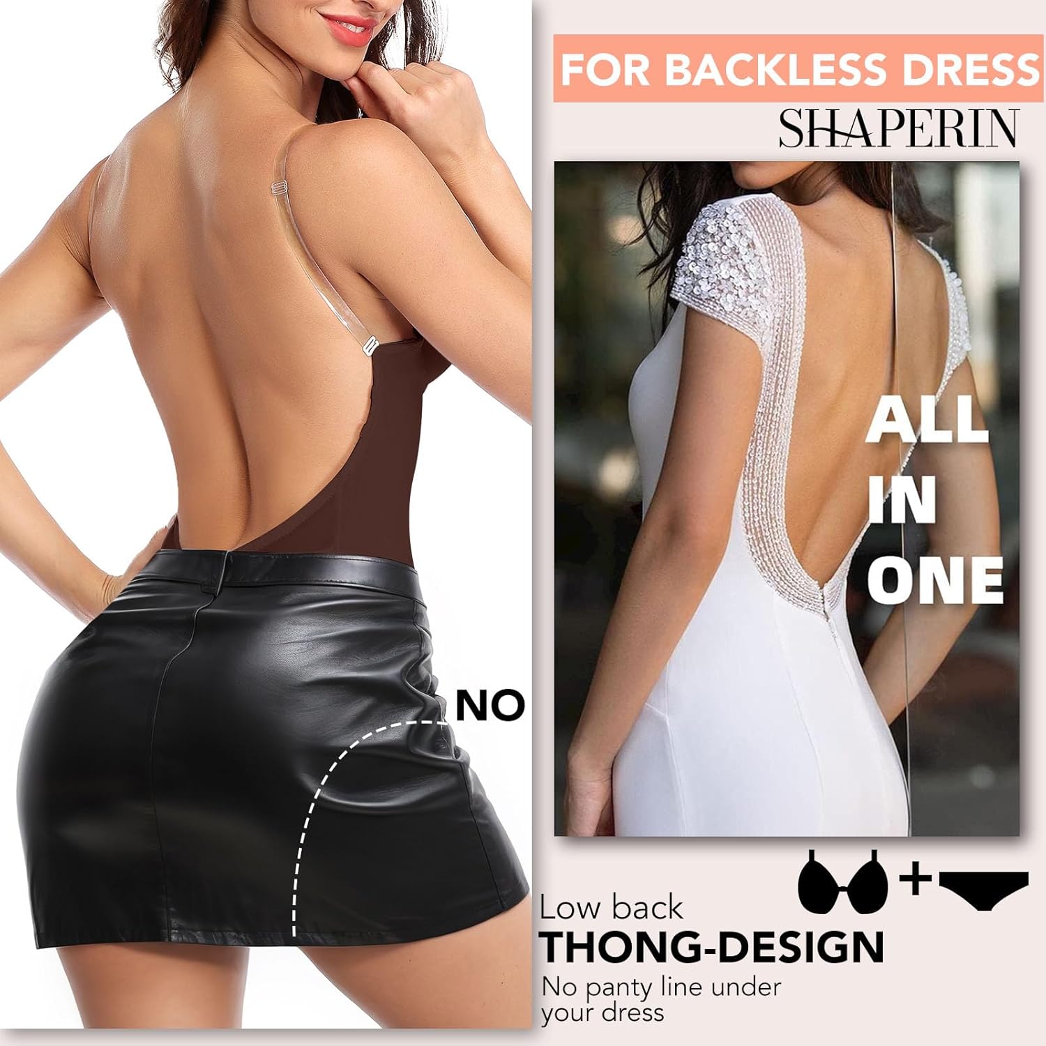 SHAPERIN Women's Backless Body Shaper Bra U Plunge Low Back Thong Shapewear Deep V Full Body Bodysuit - Image 2