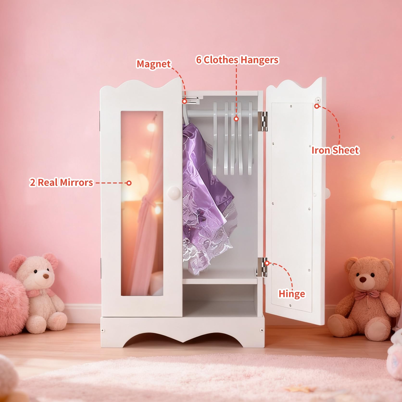 Holzpuppenmöbel mit 6 Kleiderbügeln Offener Kleiderschrank Organizer Puppenschrank für Puppen Spielzeug Puppenhaus Zubehör Passend für Puppe bis 20''