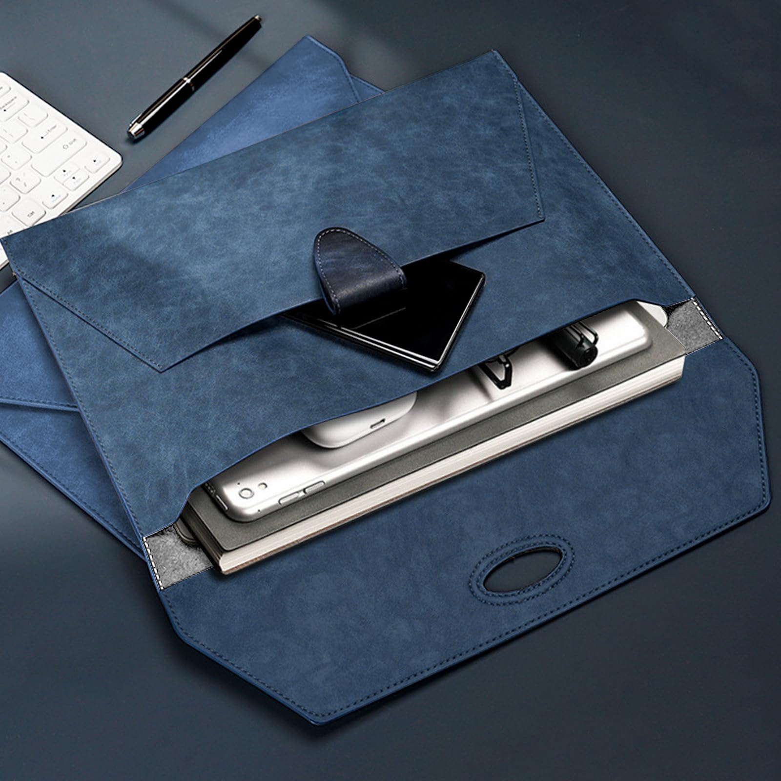 VANRA Carpeta organizadora de documentos de piel sintética, impermeable, con 2 bolsillos, carpeta A4 con cierre magnético de botón a presión (azul marino)