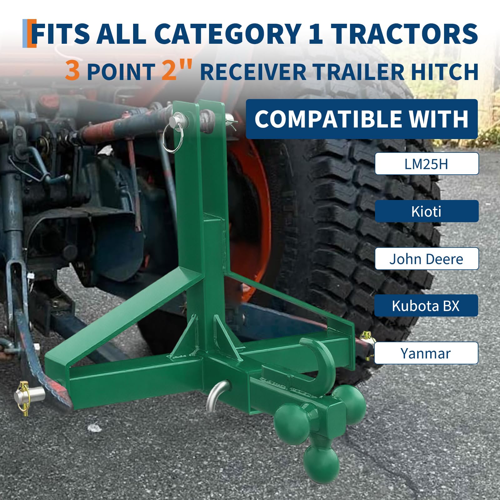 Attelage de remorque à 3 points de catégorie 1 pour tracteur avec triple rotule, attelage lourd de 4,5 kg avec récepteur de 5,1 cm, adaptateur polyvalent pour l'agriculture et le jardin
