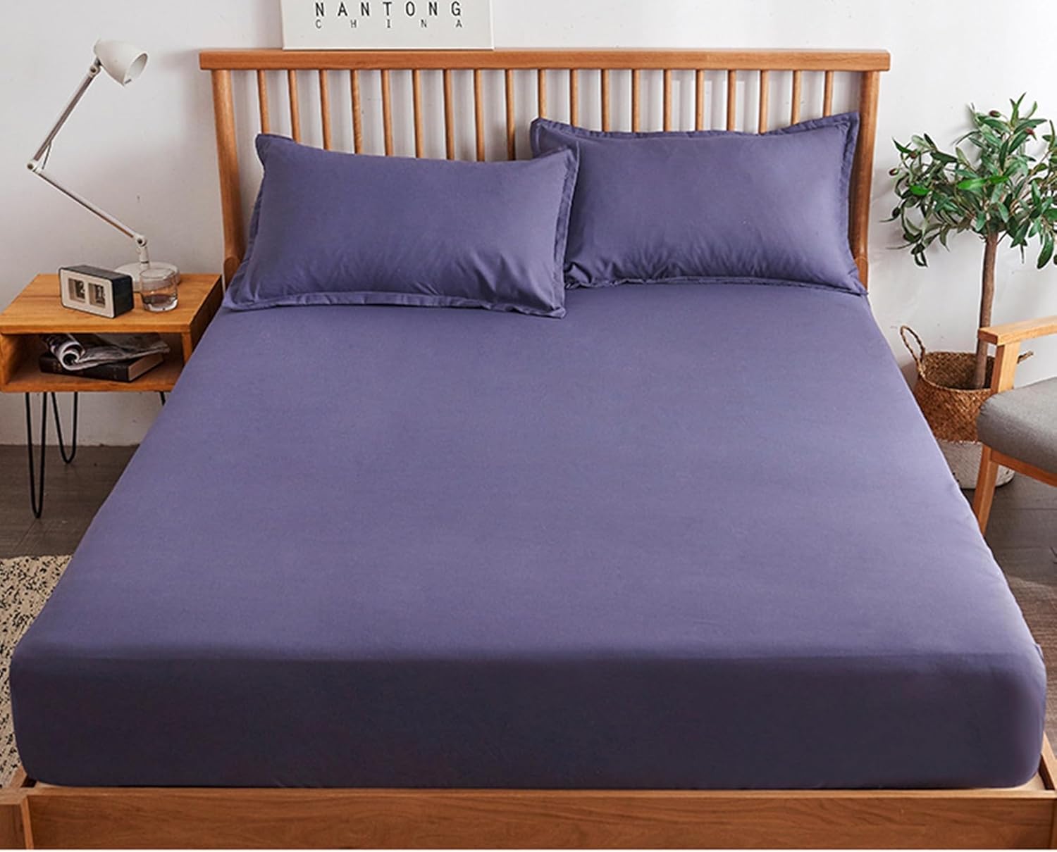 Epinki Full Size Bed Fitted Sheet, 59"x75", 4 Inch Deep, Dark Purple, Cotton Solid Color Mattress Sheet