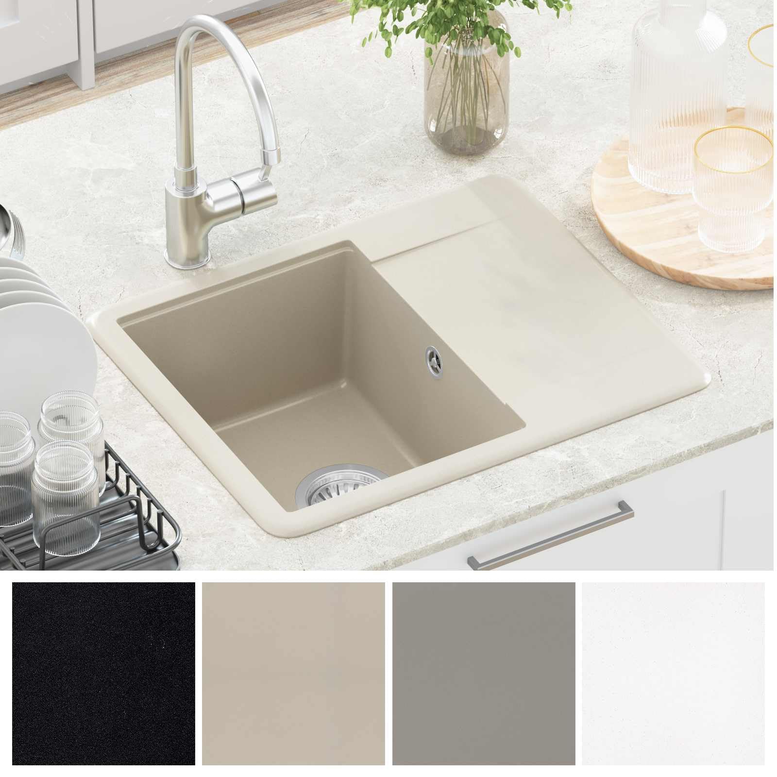 Lavabo Beige 560 x 460 mm de 80% cuarzo y 20% resina de granito Fregadero de cocina empotrable con juego de accesorios y filtro de desagüe, resistente al calor, resistente a los arañazos