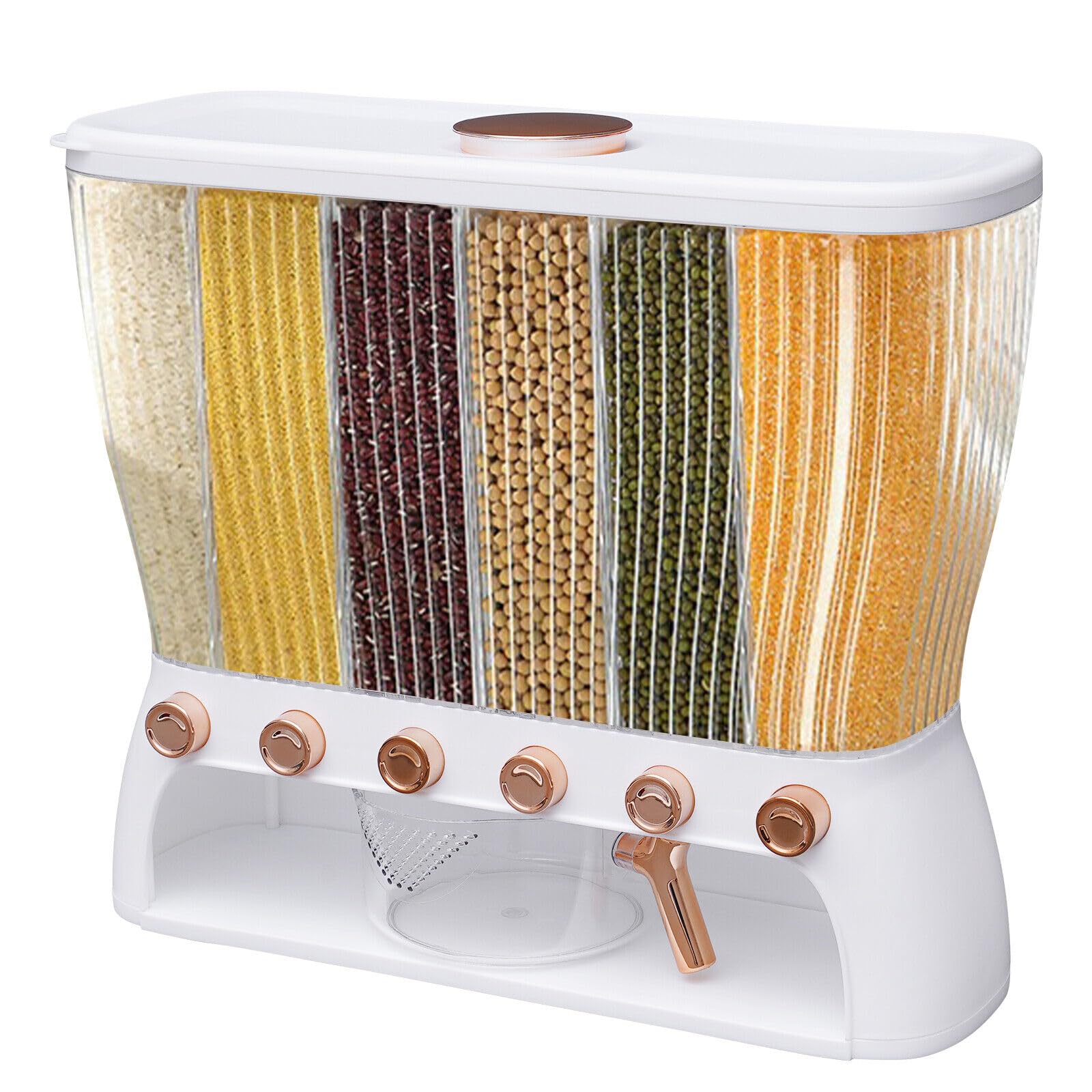 Dispensador de Cereales Con 6 Rejillas y Embudo de Arroz - Moderno Diseño Con Tapa Para Cocina
