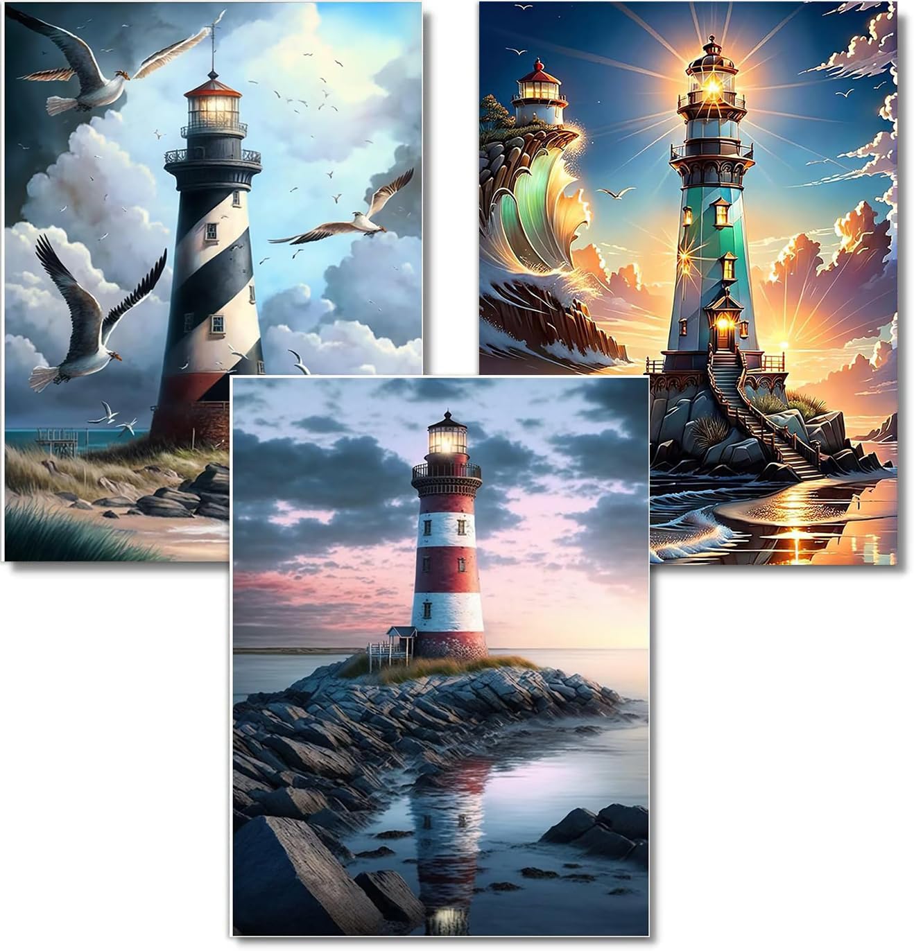 WUDWL Diamond Painting Kits for Adults - 3 Pack Lighthouse DIY 5D Diamond Art Kits Full Drill Diamond Dots Paintings with Diamonds Gem Art and Crafts Home Decor 12x16inch