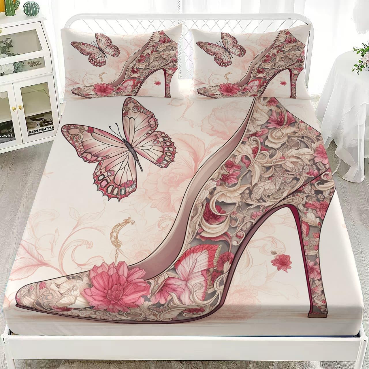 Sábana Bajera Microfibra 200x200x30 cm Rosa Sábana Ajustable Suave Cómoda Transpirable Colchones Ropa de Cama Tacones Altos RomáNticos De Mariposa para Cama Matrimonial Niños Adultos