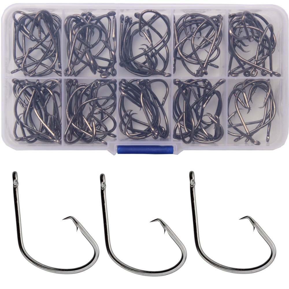 Circle Fishing Hooks Saltwater Fishing Gear, Bass Catfish Fishing, Octopus Offset Hooks Set, 40pcs/Box, Size #1, 1/0 2/0 3/0