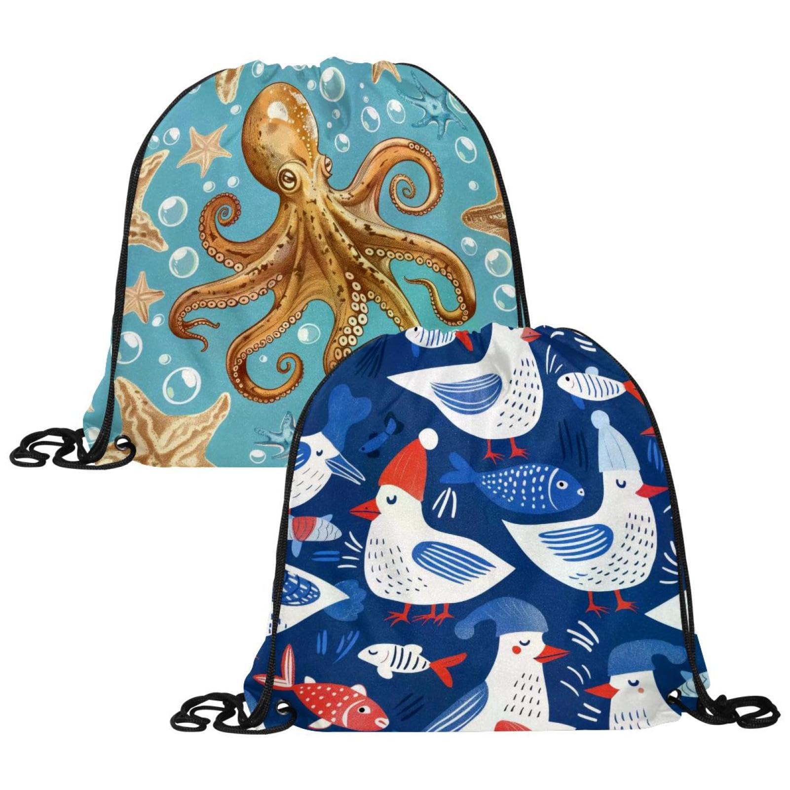 Luoweisi 2 Pcs Drawstring Bags, Seagulls Swim PE Bags Drawstring Gym Bag for Kids Adults String Swimming Sports Backpack for School Sports Swimming Gym Travel