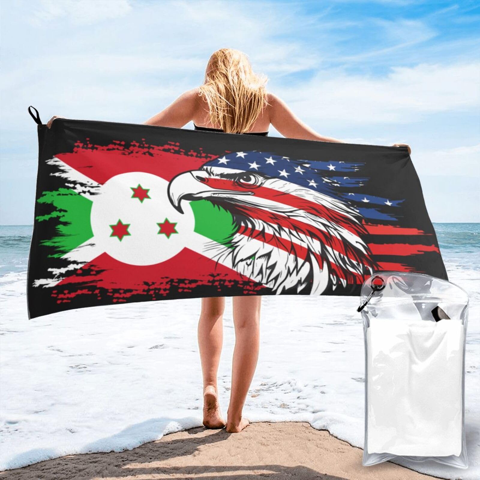 HACXZ America Flag and Burundi Burundian Flag Microfiber Beach Towel Lightweight Absorbent Travel Pool for Men Women 27.5"X55"