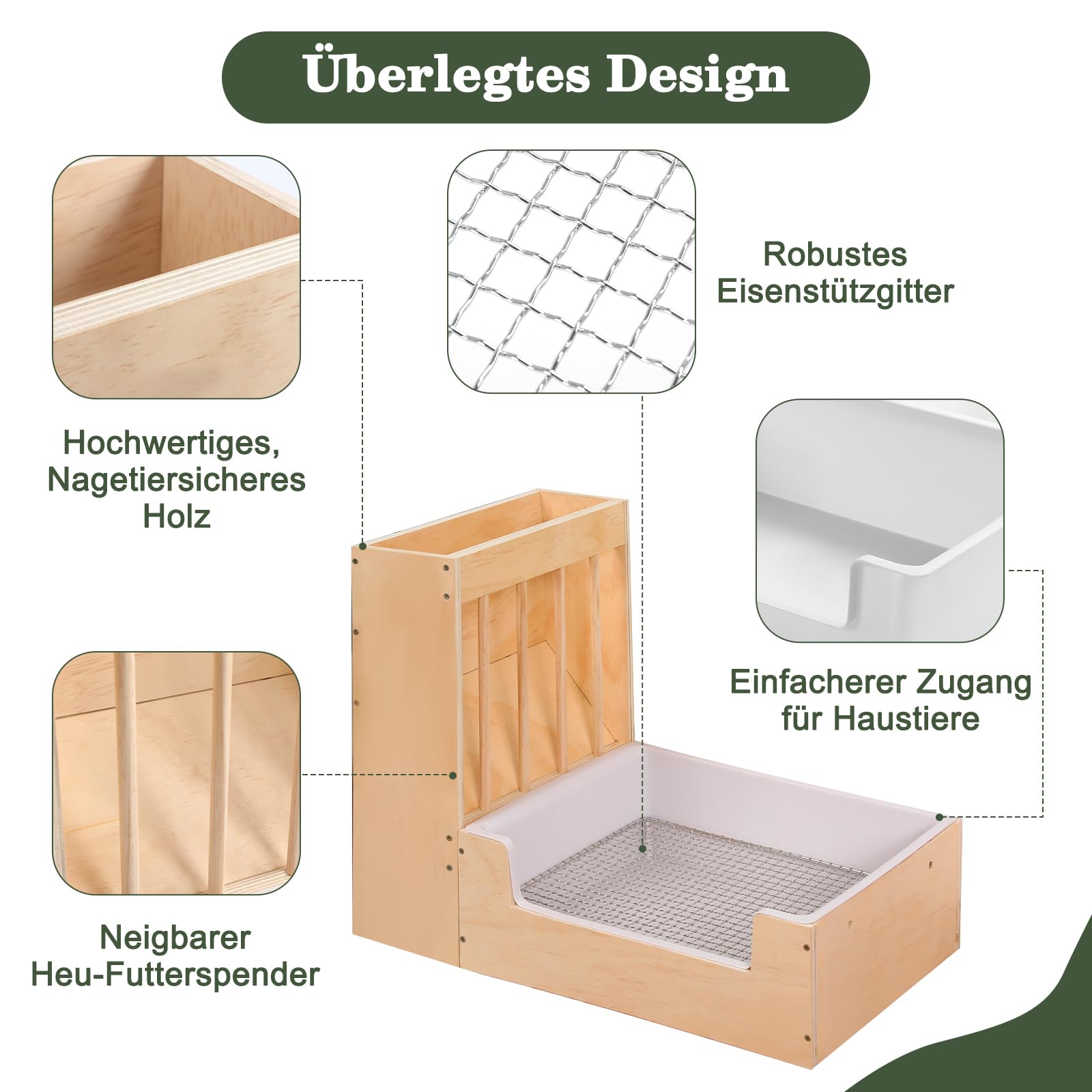 Großer 2-in-1 Heu- und Streu-Set für Kaninchen - Holzdesign, schmutzgeschützt für Meerschweinchen, Chinchillas, Hamster und Kaninchen