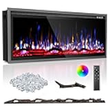 BREEZEHEAT 50 Inch Electric Fireplace-Recessed & Wall Mounted Linear Fireplace-750/1500W Heater w/Temperature Control, Log & Crystal Options, Adjustable Flame, Remote Control