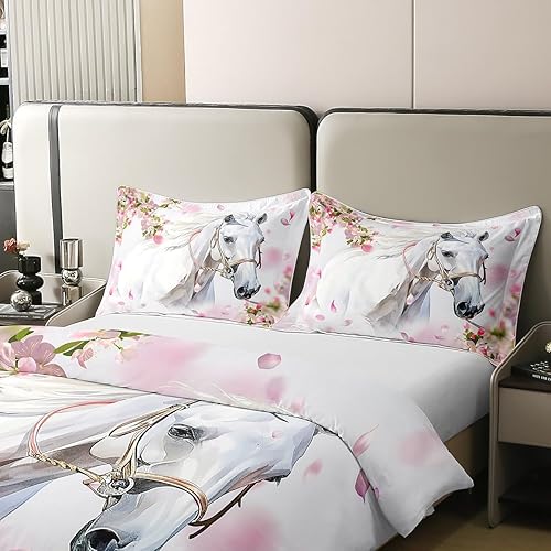 Miniatura 4 de Juego de funda de edredón de algodón con diseño de caballo blanco, tamaño Queen, para niñas, elegante, flores rosas, diseño de animales salvajes,