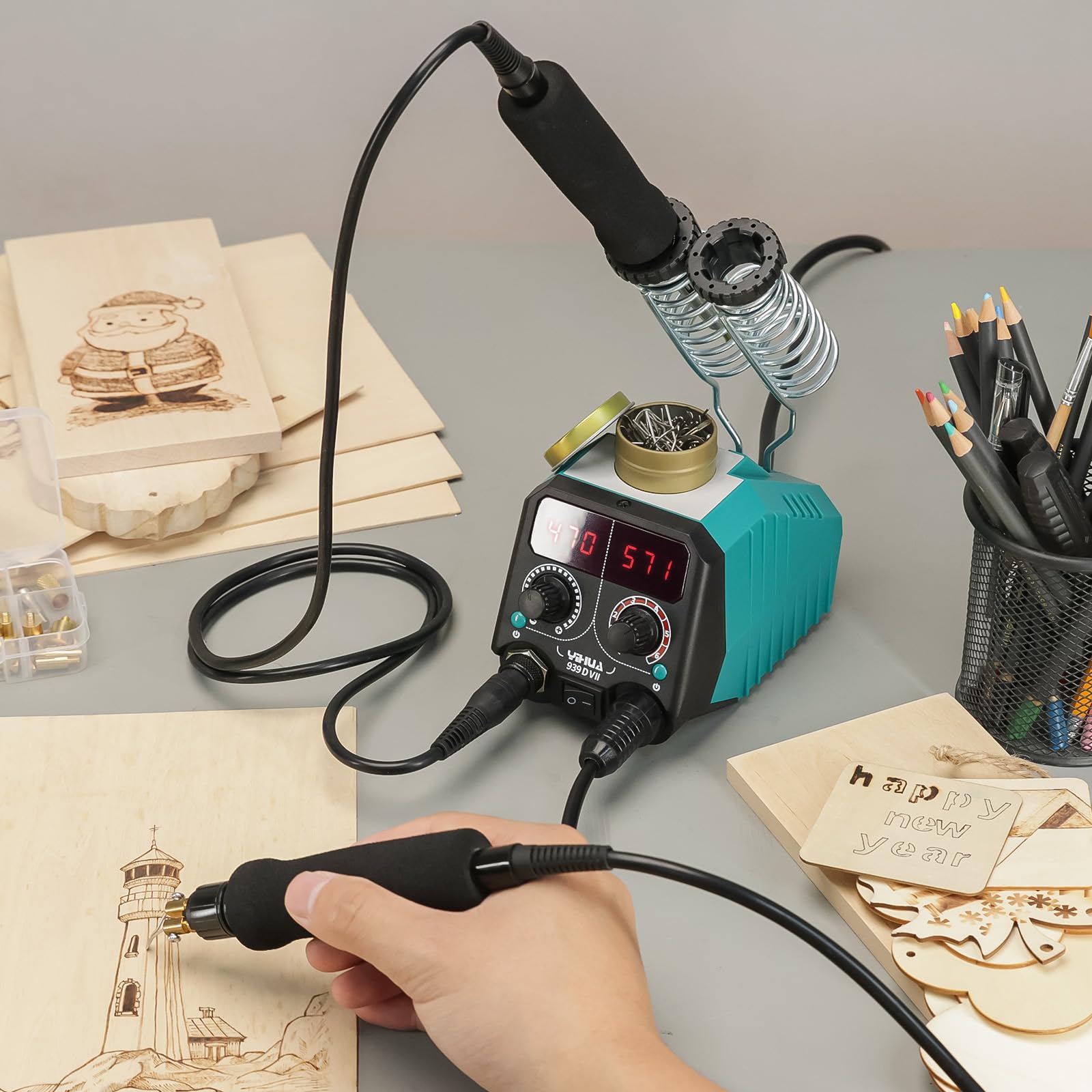 YIHUA 939D-VII pirografo professionale Kit per penna a bruciatura del legno Stazione 2-in-1 Solid-Point 200-480°C (con display di temperatura)/Wire-Nib 250-750°C con 23 punte, 25 punti solidi