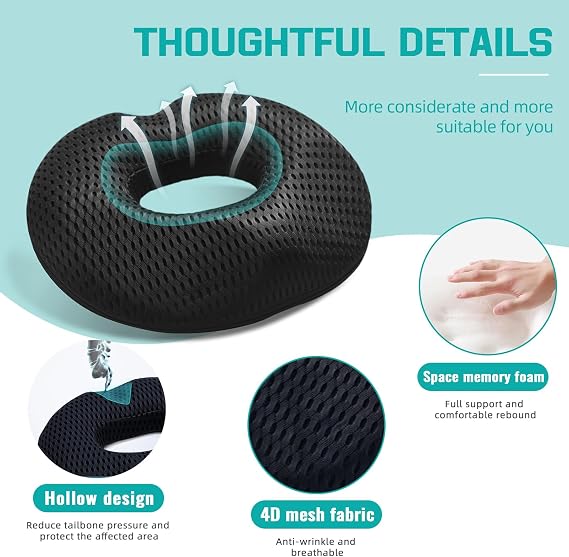 Donut Cushion & Coccyx Pillow for Tailbone Pain Relief with Large Airflow Hole, Dual U-Shape & Thigh Slope, Memory Foam Seat Cushion for Hemorrhoids, Postpartum – Office, Car, Wheelchair