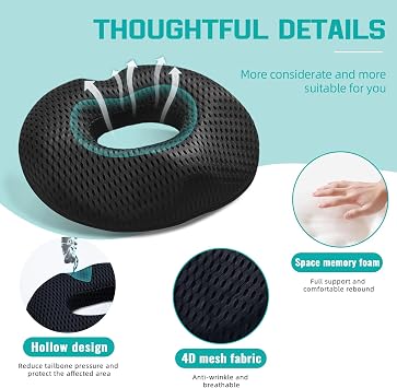 Donut Cushion & Coccyx Pillow for Tailbone Pain Relief with Large Airflow Hole, Dual U-Shape & Thigh Slope, Memory Foam Seat Cushion for Hemorrhoids, Postpartum – Office, Car, Wheelchair