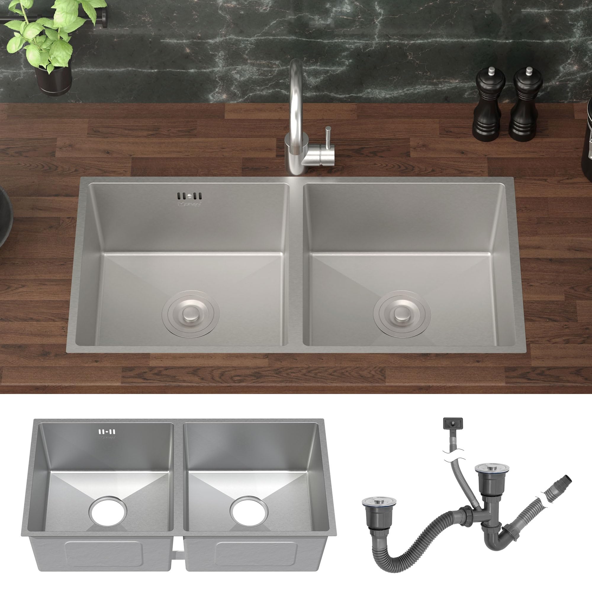ML-Design Évier Double en Acier Inoxydable, 81,5 x 40 cm, Argenté, avec Vidage et Trop-Plein, Bassin à Encastrer Sous Plan, Rectangulaire, 2 Bacs avec Siphon, Lavabo Encastrable Inox, Cuve Double