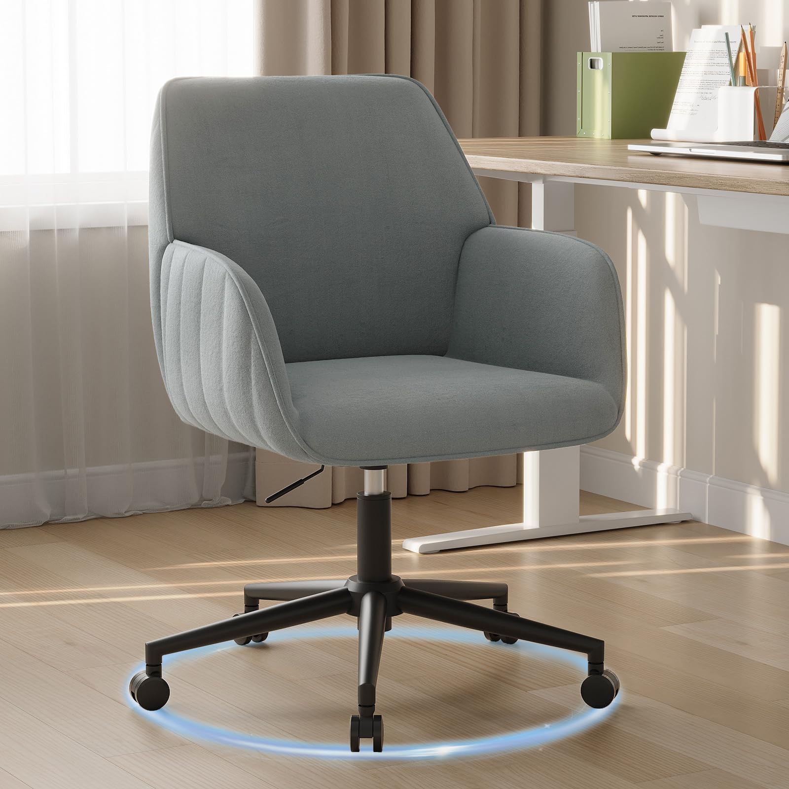 BERYTH Schreibtischstuhl Bürostuhl Homeoffice bis 136kg Drehstuhl Samt Schminkstuhl mit Armlehnen Rollen Ergonomisch Bequem Frauen Mädchen Vanity Chair Höhenverstellbar Schlafzimmer Heimbüro Grau