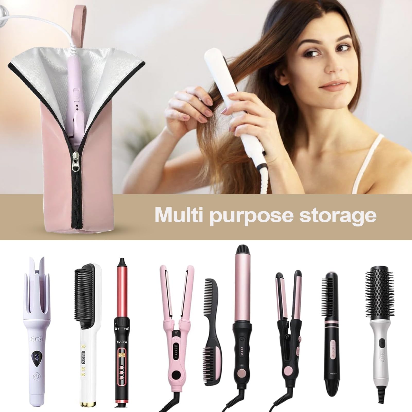 Bolsa de peluquería, Resistente al Calor, Organizador para planchas de Pelo, Resistente al Polvo y al Agua, para Viajes, Salones, baños y cosméticos, Rosa, Ver descripción, Ver descripción