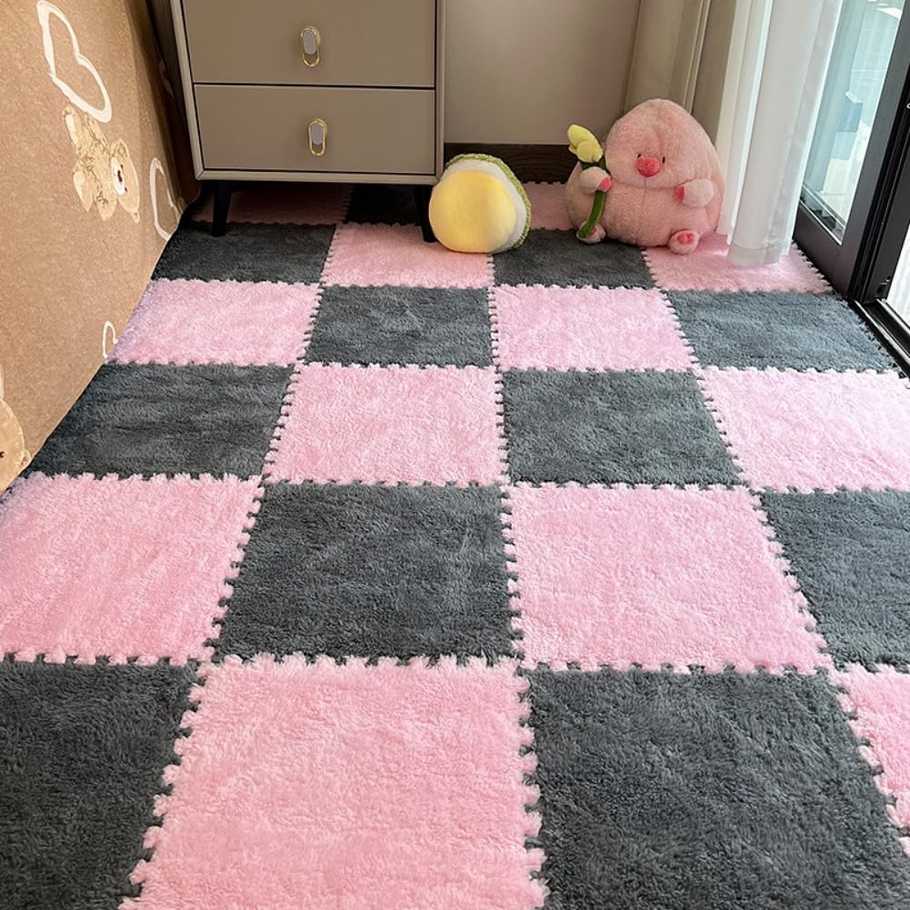 12pcs Carpet Squares Puzzle Floor Mat, Plush Interlocking Carpet Tiles, Anti Slip EVA Foam Jigsaw Floor Tiles, Build A Safe Area for Bedroom Playroom (Pink+Grey) — image 1