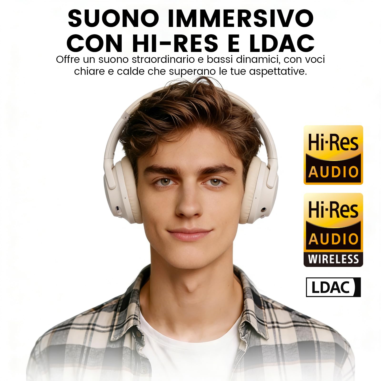 1Mii Y8+ Cuffie Bluetooth 6.0 Over-Ear con Cancellazione Rumore Attiva Ibrida, 100 Ore di Autonomia, Wireless Hi-Res Audio e bassi potenti, EQ Personalizzabile con App, Comfortevoli, Grandi, Beige