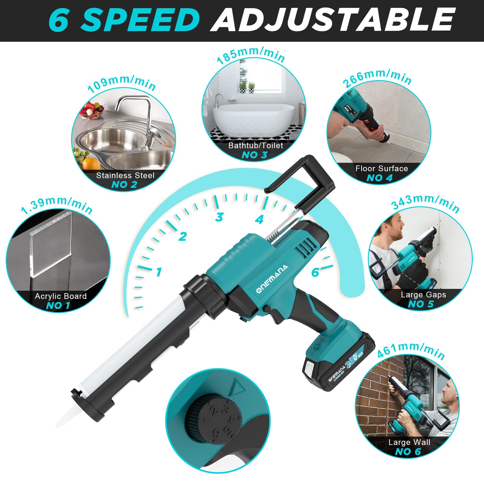 Pistola per Silicone a Batteria, ONEMANA Pistola Elettrica per Silicone e Adesivi 20V 6 Velocità Anti-goccia Forza Max 6500N per Cartucce da 10oz/300ml con Batteria da 2.0Ah e Caricabatterie