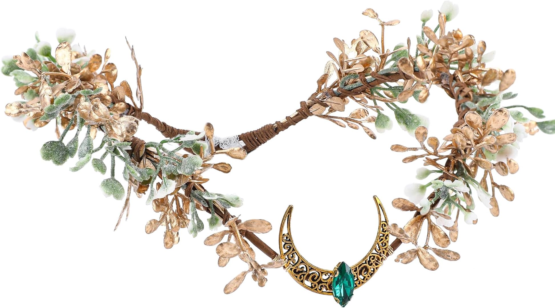 Gold Flower Moon Headpiece - Handmade Fairy Floral Crown Woodland Elf Headband Forest Circlet for Princess Renaissance Fair Halloween Party Wedding Cosplay