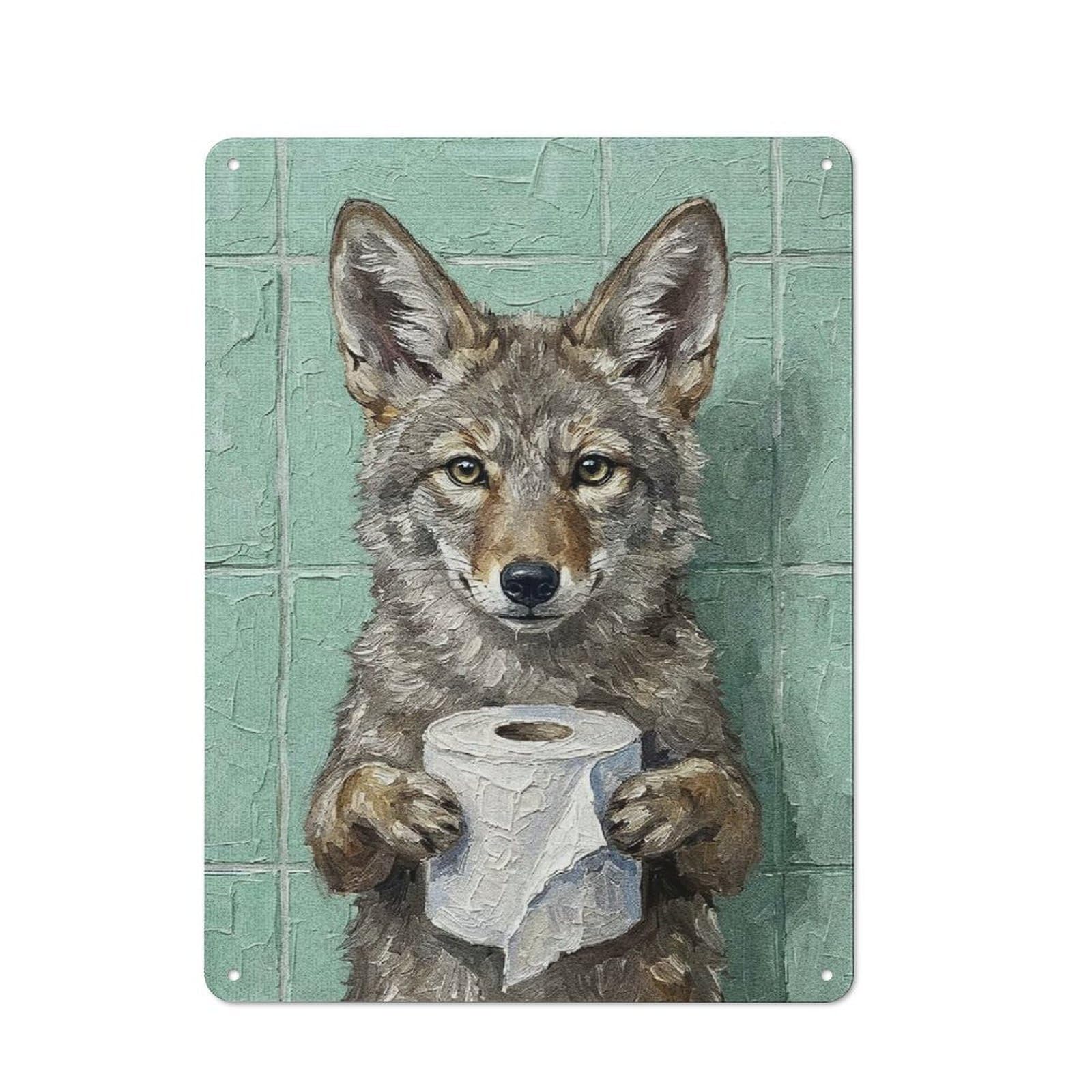 Coyote Holding Toilet Paper Painting Rustic Metal Wall Decor 40x30cm, Garden Room Metal Sign for Patio Bar, Workshop, Shed Or Kitchen